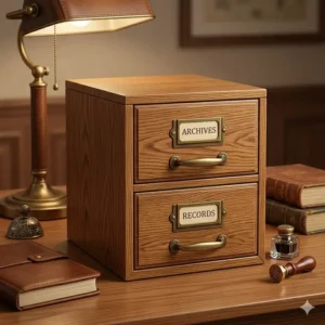 An oak-finished vintage style desktop file cabinet with brass handles and label holders.