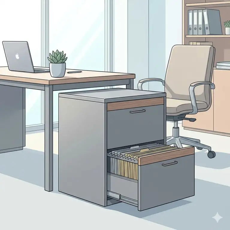A sleek contemporary file cabinet in a modern office setup with minimalist decor.