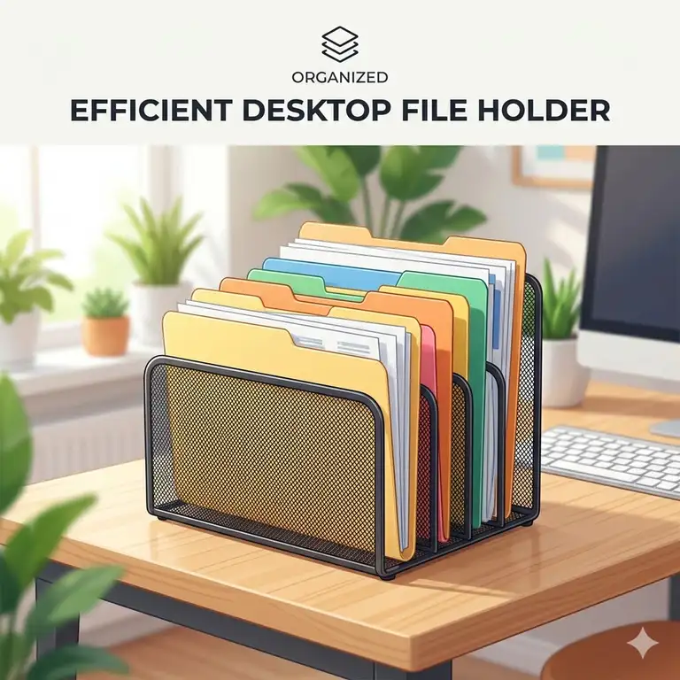 A professional desktop file folder holder organized with colorful documents in a bright home office setting.