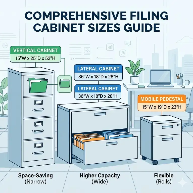 A comprehensive guide showcasing various office filing cabinet sizes and storage styles.