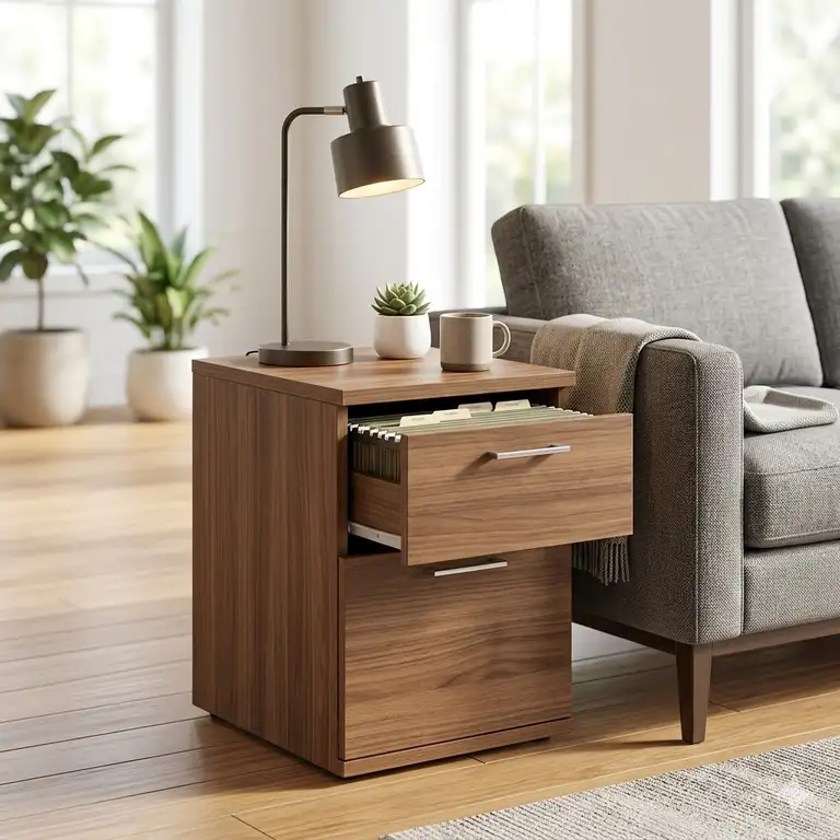 A sleek modern wood end table filing cabinet with two drawers used as a side table in a bright living room.
