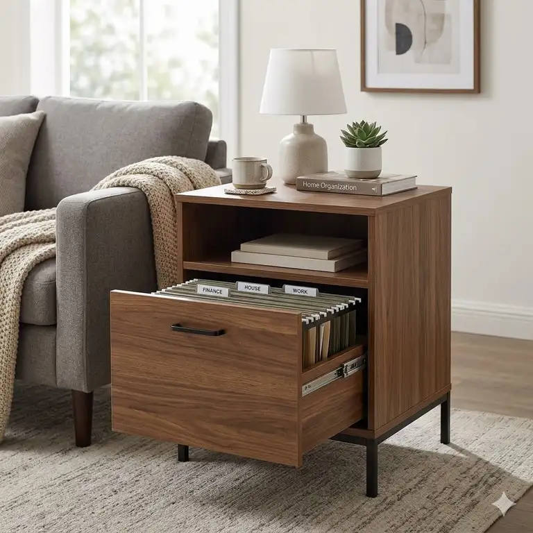 A stylish end table file cabinet placed next to a sofa in a contemporary living room setting.
