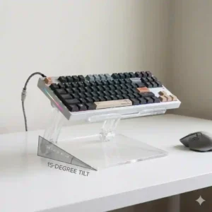 A clear acrylic tilted keyboard stand for desk showing the 15-degree ergonomic angle for comfortable typing.