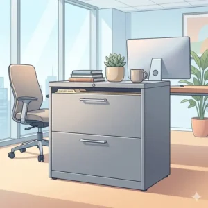 Close-up of a contemporary file cabinet featuring a minimalist metal design and smooth edges.