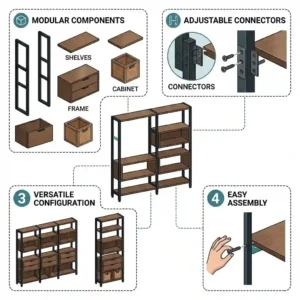 A diagram illustrating how various modular components of the customisable shelving fit together.