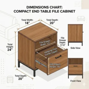 A detailed technical drawing showing the exact dimensions of an end table file cabinet.
