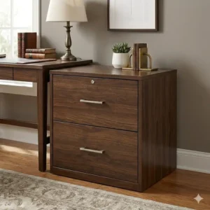 Technical diagram showing the specific height and width measurements of this dark wood two drawer filing cabinet.