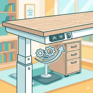 Close-up of an ergonomic adjustable desk with drawers showing the smooth height transition.