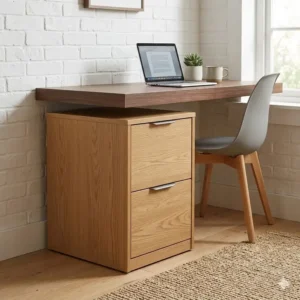 A functional rustic oak end table filing cabinet positioned under a desk to save space in a home office.