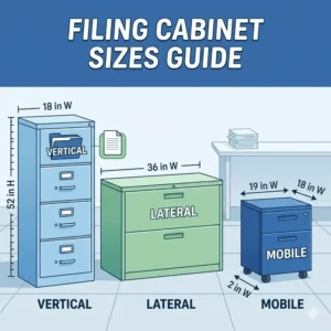 Detailed diagram of vertical filing cabinet sizes including standard width and depth measurements.