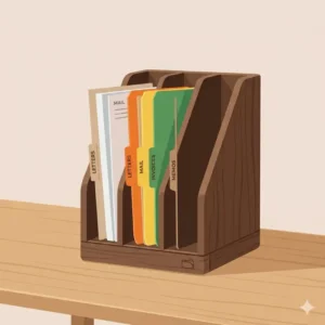 A minimalist dark walnut file holder for desk showing clean slots for organizing letters and mail.