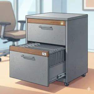 A compact contemporary file cabinet integrated into a clean home office workspace.
