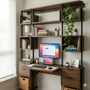 A modern home office setup featuring integrated customisable shelving.