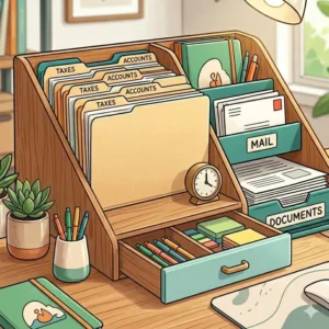 Vertical file organizer for desk storage featuring built-in sliding drawers for pens and sticky notes.