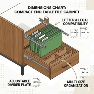 Close up view of an open drawer in an end table file cabinet organized with hanging folders.