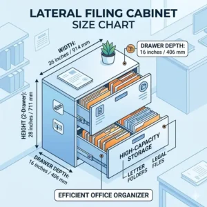 An infographic chart displaying different lateral filing cabinet sizes for wide document storage.