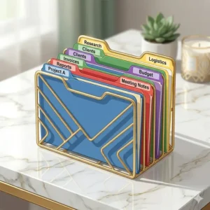 An 8-slot vertical file folder holder showing how to categorize different project folders.