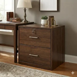 Inside view showing the spacious storage capacity of the dark wood two drawer filing cabinet with hanging files.