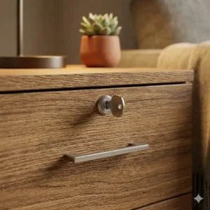 Close-up of a locking end table filing cabinet showing a silver key in the top drawer for secure storage.