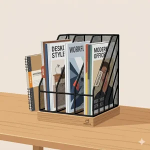 A black mesh metal file holder for desk displaying multiple vertical compartments holding notebooks and magazines.