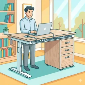 A standing adjustable desk with drawers featuring integrated cable management and storage.