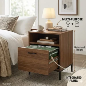 A versatile end table file cabinet being used as a functional nightstand in a small bedroom.
