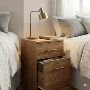 A clean white end table filing cabinet used as a bedroom nightstand with a lamp and book on top.