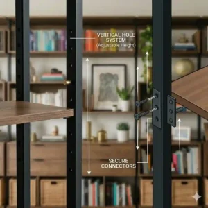 A technical graphic explaining the adjustable height feature of the customisable shelving system.