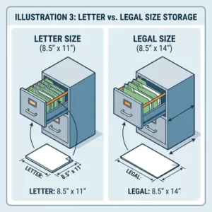 Side-by-side comparison of filing cabinet sizes for letter-sized and legal-sized paper folders.
