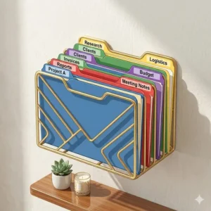 A space-saving wall-mounted file folder holder installed in a narrow office hallway.