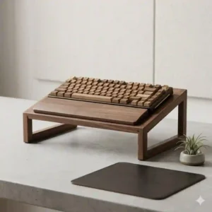 A minimalist walnut wooden keyboard stand for desk organization and aesthetic workspace improvement.