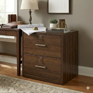 Close-up of the anti-tip mechanism and locking system on the dark wood two drawer filing cabinet.