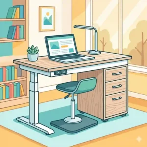 Compact adjustable desk with drawers designed for small spaces or apartment living.