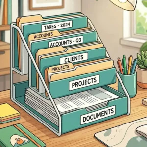 A five-tier black metal file organizer for desk clutter reduction, showcasing step-up folders for easy visibility.