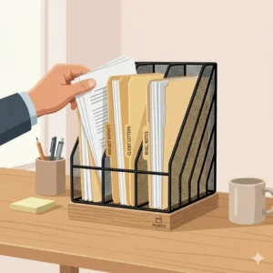 A vertical file holder for desk efficiency showing how to arrange loose papers and manila folders neatly.