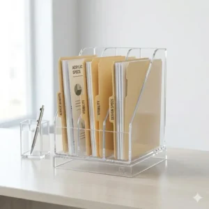A transparent acrylic file holder for desk aesthetic offering a clear view of stored files and aesthetic stationery.