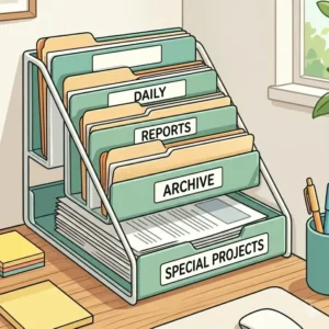 Compact corner file organizer for desk organization maximizing limited workspace efficiency.
