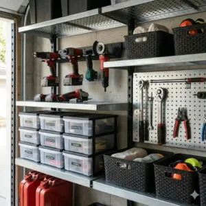 A customisable shelving unit with heavy-duty metal components used for garage storage.