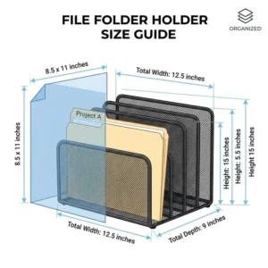 A technical diagram showing the dimensions of a standard file folder holder compared to letter-size documents.