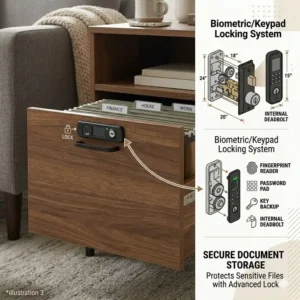 An illustration of the built-in locking mechanism on a wooden end table file cabinet for document safety.