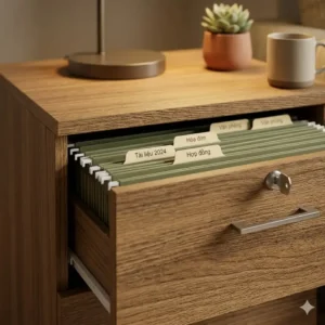 Open drawer of an end table filing cabinet organized with green hanging file folders for documents.