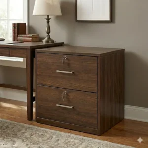 Detailed macro view of the natural grain and rich finish of the dark wood two drawer filing cabinet.