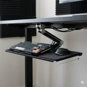 A diagram of an under-desk pull-out keyboard stand for desk space optimization and clean desktop management.