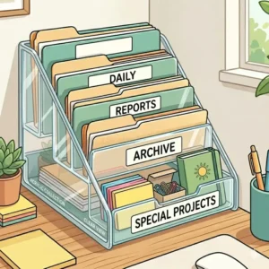 Transparent acrylic file organizer for desk top use displaying colorful file folders inside.