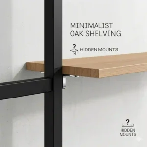 A minimalist oak wood customisable shelving system with hidden mounts on a white wall.