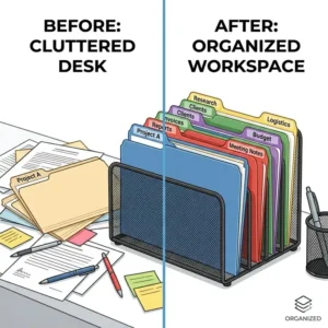 A before and after comparison showing an organized workspace using a tiered file folder holder.