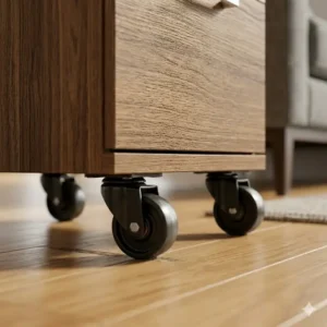 A mobile black metal end table filing cabinet with caster wheels for easy movement on hardwood floors.
