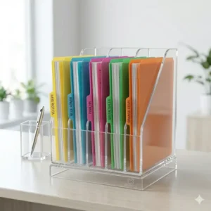 A multi slot file holder for desk cubicles maximizing small workspace storage with sorted colorful file jackets.
