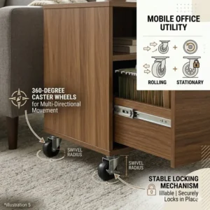 A portable end table file cabinet equipped with smooth-gliding wheels for easy mobility.