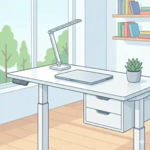 Minimalist white adjustable desk with drawers styled with a laptop and desk lamp.